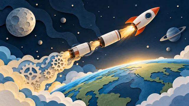 Conceptual rocket with separated stages above a curved planet.
