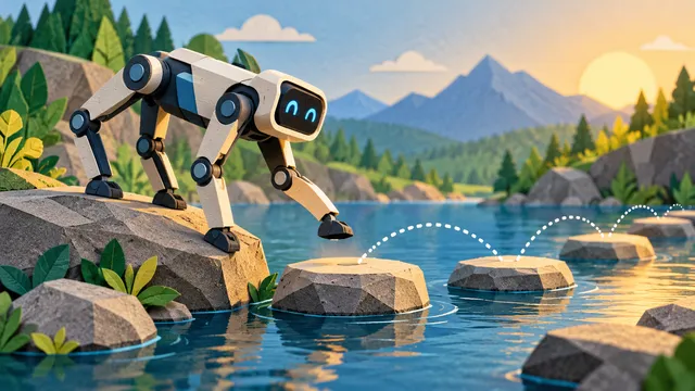 Imaginary quadruped robot following a path across stepping stones.