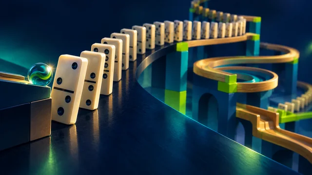 Conceptual illustration of dominoes and a marble at the start of a chain reaction.