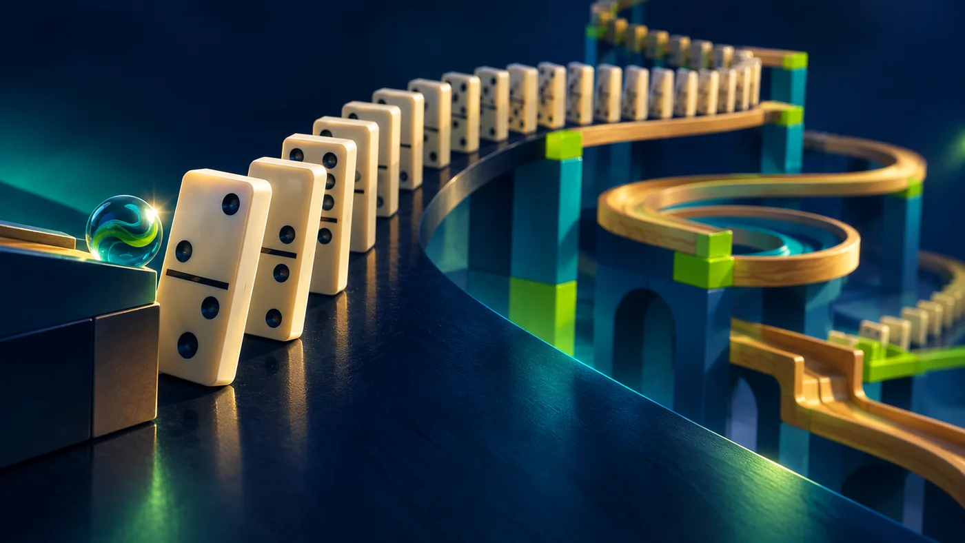 Conceptual illustration of dominoes and a marble at the start of a chain reaction.