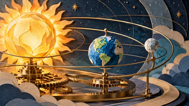 Conceptual illustration of a mechanism with the Sun, Earth and Moon.