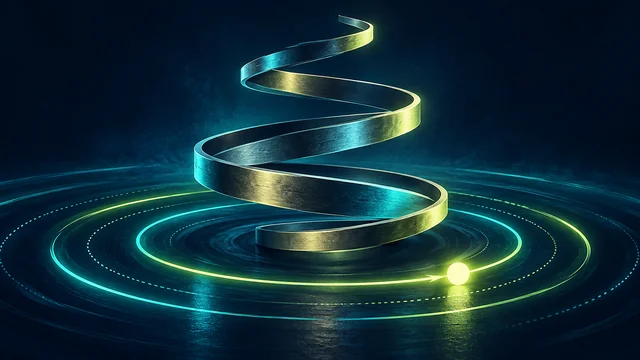 Conceptual illustration of a metal spiral and glowing circles suggesting rotation; it does not depict a product.
