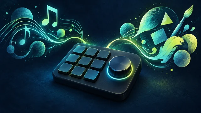 Conceptual illustration of unlabelled keys and a dial connected to music and drawing shapes; it does not depict a commercial model.