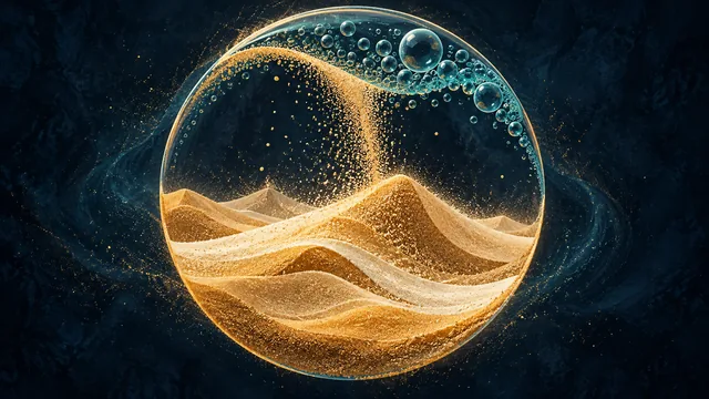 Illustration of golden grains building dunes beneath an arc of bubbles.
