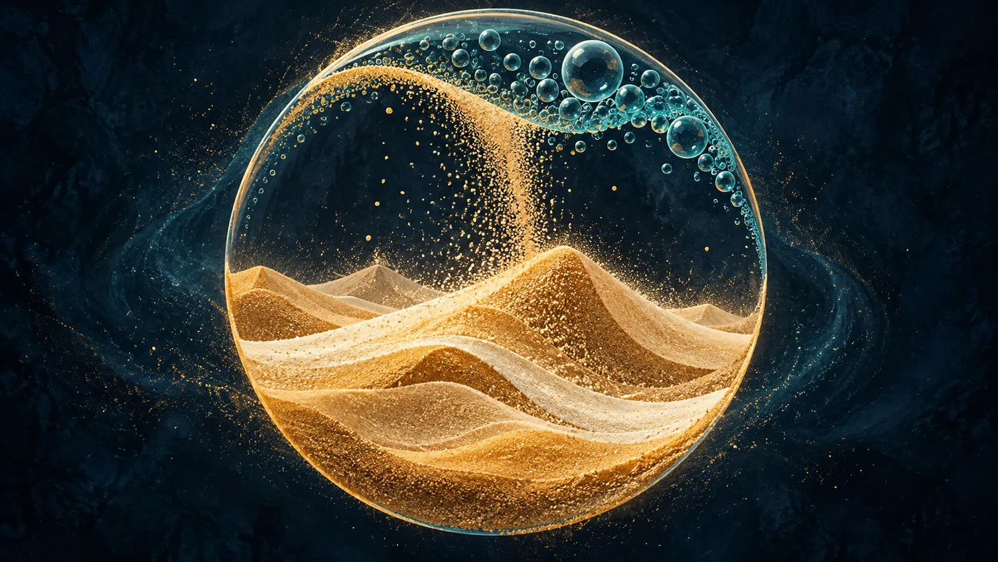 Illustration of golden grains building dunes beneath an arc of bubbles.