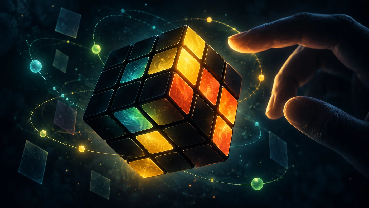 Conceptual illustration of a cube whose colors appear near a hand.