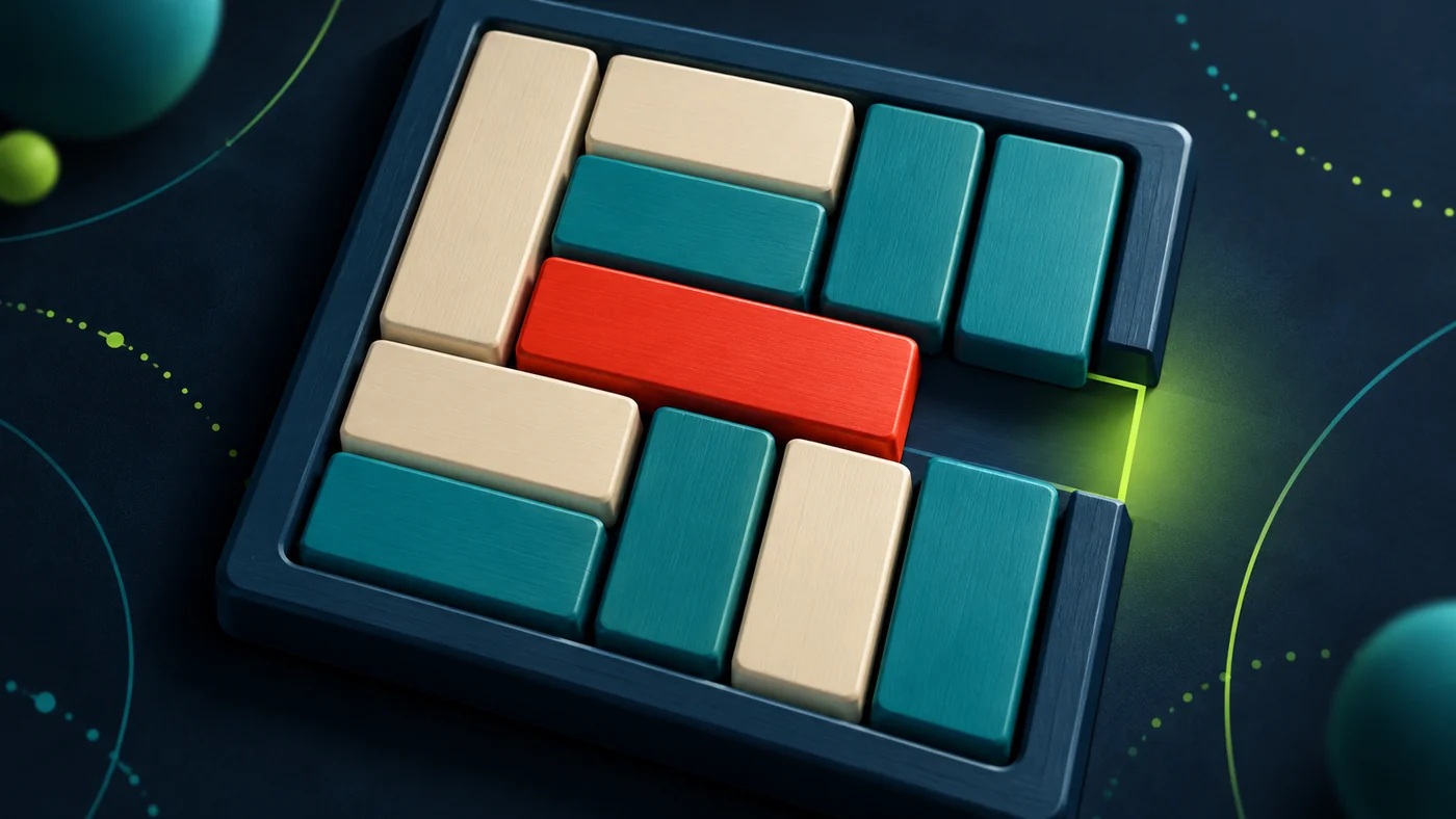 Conceptual illustration of a red block trapped among sliding puzzle pieces.