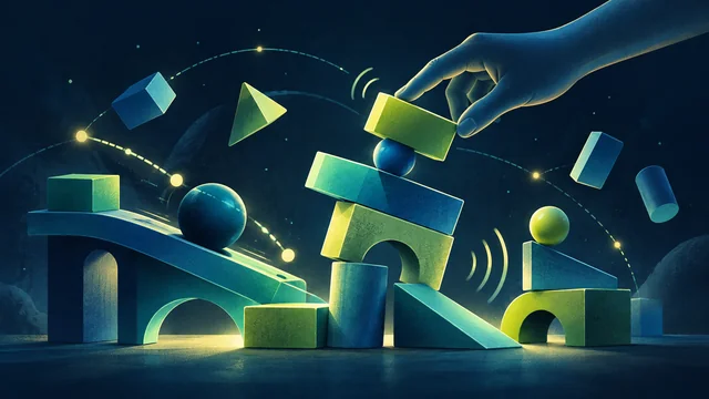Conceptual illustration of geometric blocks with light and sound waves; it does not depict a commercial set.