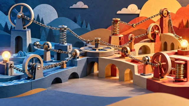Conceptual illustration of chains, wheels and springs transmitting motion.