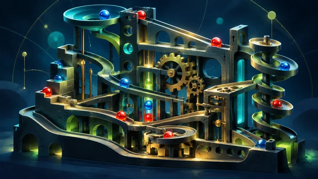 Conceptual illustration of marble paths and gears evoking mechanical logic.