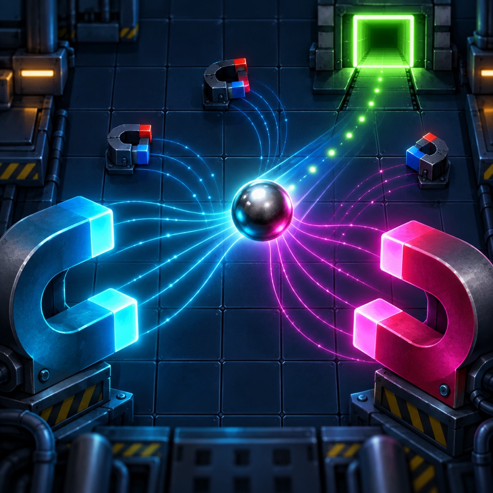 A steel ball between glowing cyan and magenta magnets in a futuristic factory